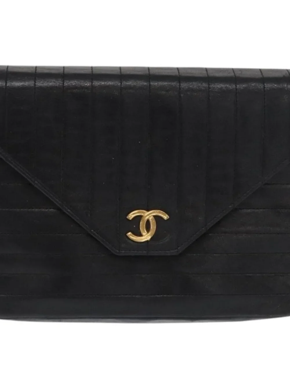 CHANEL Mademoiselle Chain Shoulder Bag Lamb Skin Black Gold CC Auth bs21196